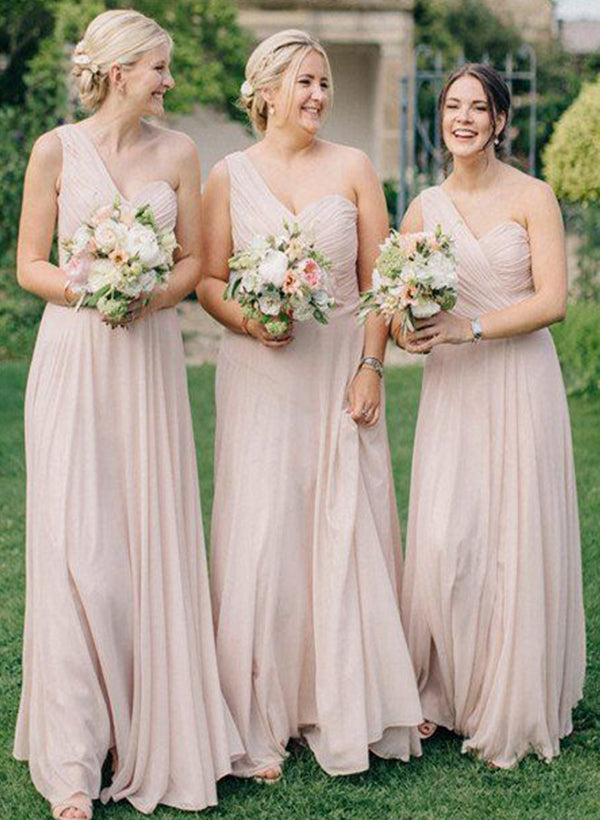 One Shoulder Sleeveless Floor Length Chiffon Bridesmaid Dresses