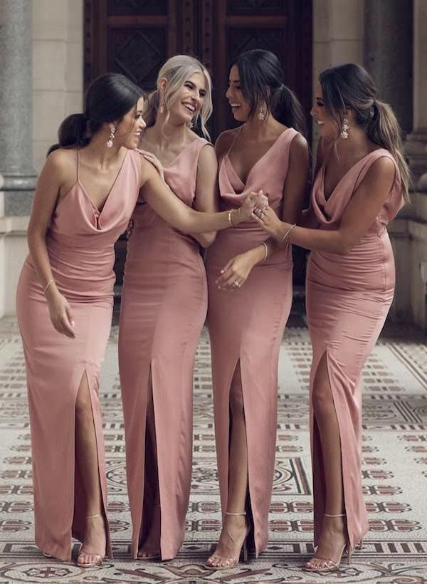 Cowl Neck Sleeveless Silk Like Satin Bridesmaid Dresses With Split Front