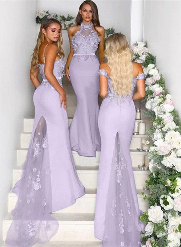 Sleeveless Trumpet/Mermaid Bridesmaid Dresses With Appliques Lace Elastic Satin