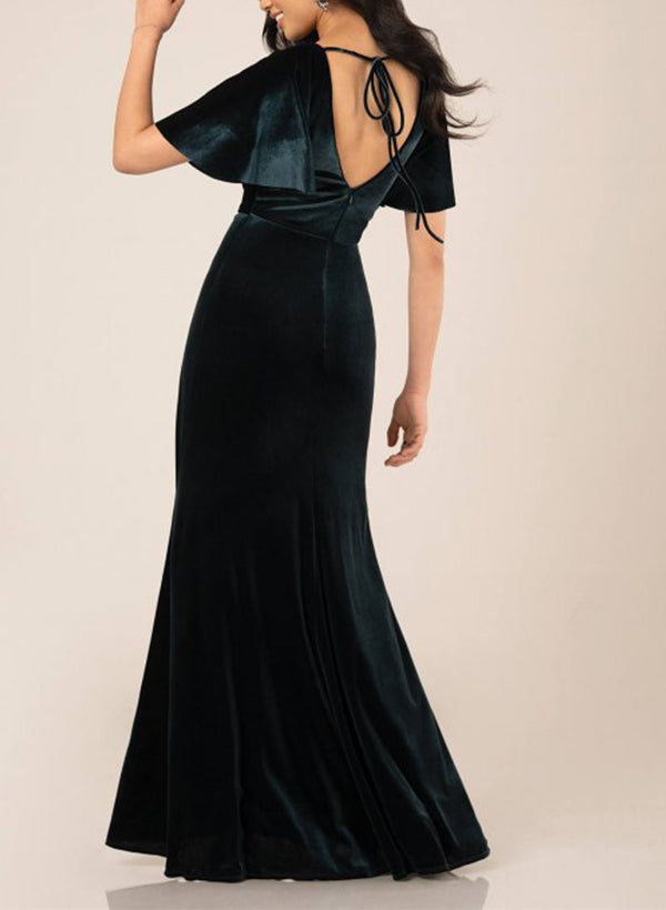 V-Neck Short Sleeve Floor Length Velvet Bridesmaid Dress