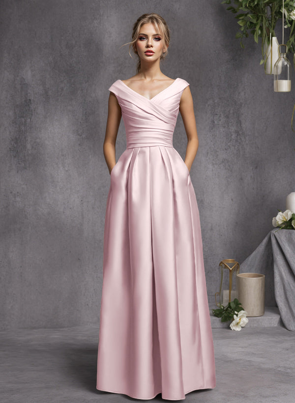 A-Line V-Neck Sleeveless Floor-Length Satin Bridesmaid Dresses With Ruffle