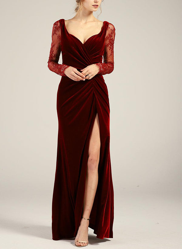 Long Sleeves Velvet Bridesmaid Dresses With Split Front