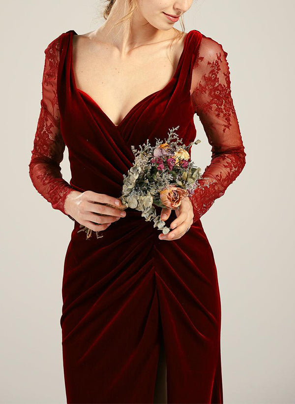 Long Sleeves Velvet Bridesmaid Dresses With Split Front