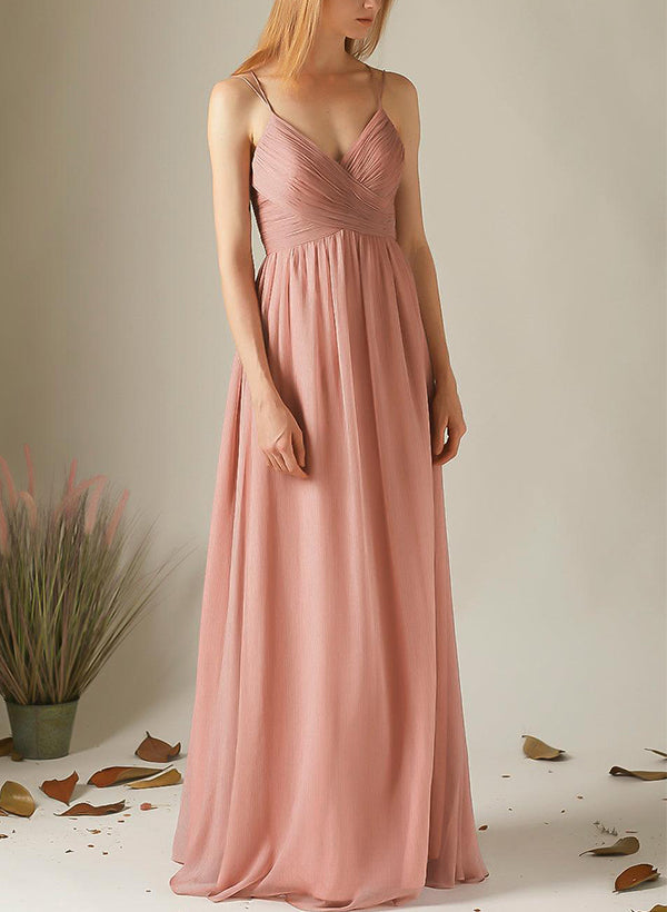 A-Line V-Neck Sleeveless Chiffon Bridesmaid Dresses With Appliques Lace