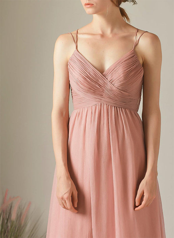 A-Line V-Neck Sleeveless Chiffon Bridesmaid Dresses Featuring Appliques Lace