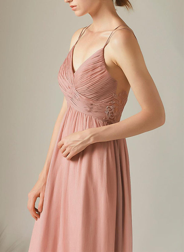 A-Line V-Neck Sleeveless Chiffon Bridesmaid Dresses Featuring Appliques Lace