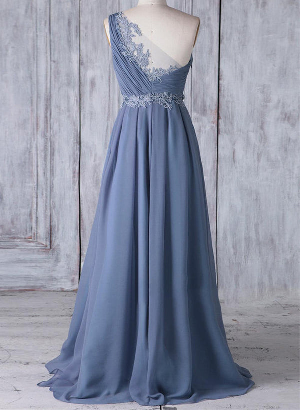 A-Line One Shoulder Sleeveless Chiffon Bridesmaid Dresses Lace