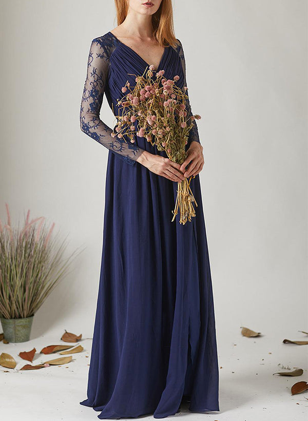 V-Neck Long Sleeves Chiffon Bridesmaid Dress with A-Line Cut and Back Hole