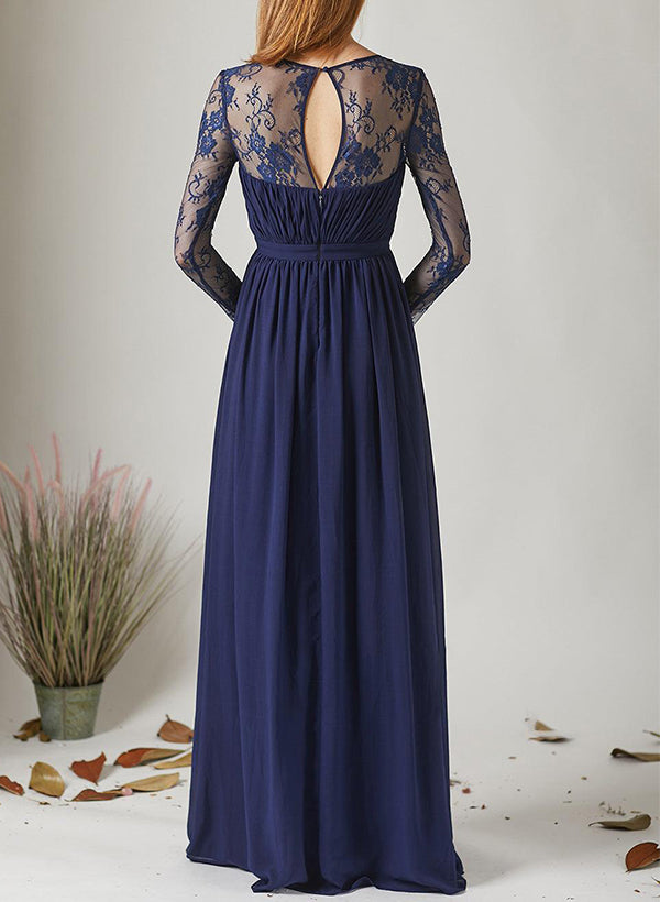 V-Neck Long Sleeves Chiffon Bridesmaid Dress with A-Line Cut and Back Hole