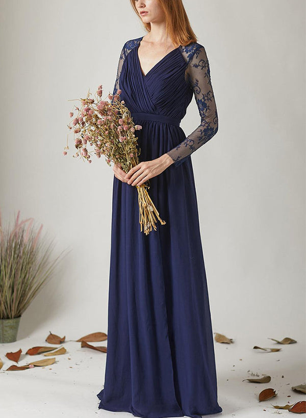 V-Neck Long Sleeves Chiffon Bridesmaid Dress with A-Line Cut and Back Hole