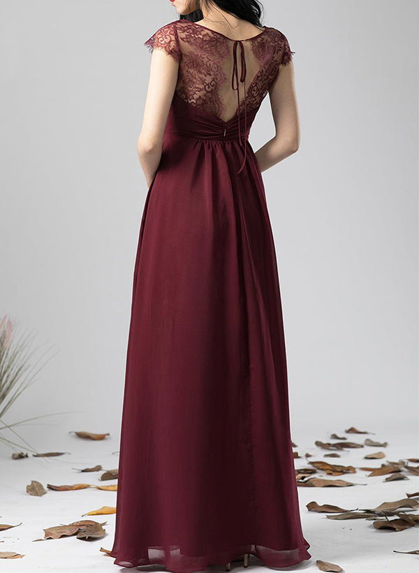 A-Line V-Neck Short Sleeves Chiffon Bridesmaid Dresses With Lace