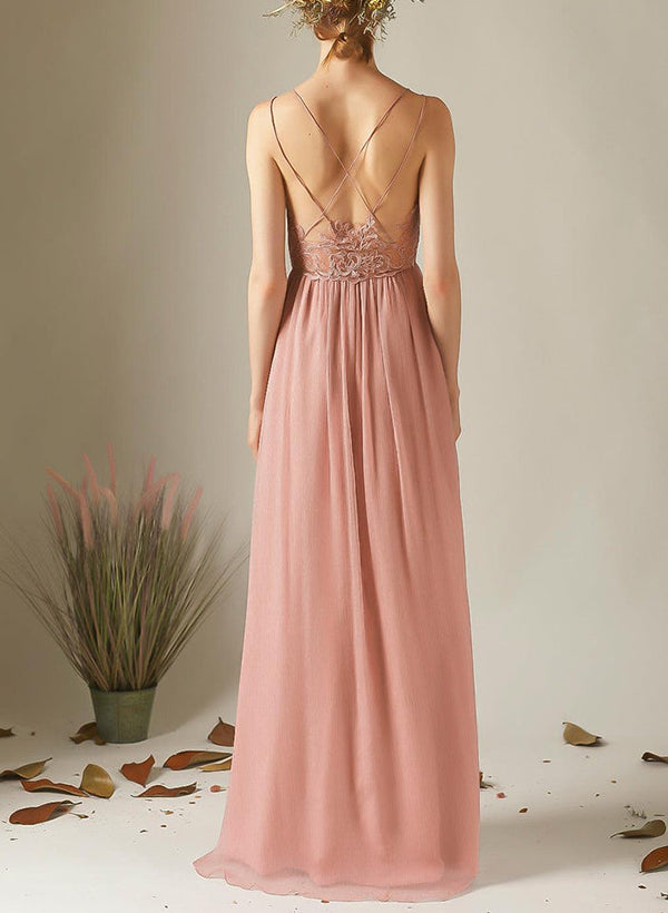 A-Line V-Neck Sleeveless Chiffon Bridesmaid Dresses Featuring Appliques Lace