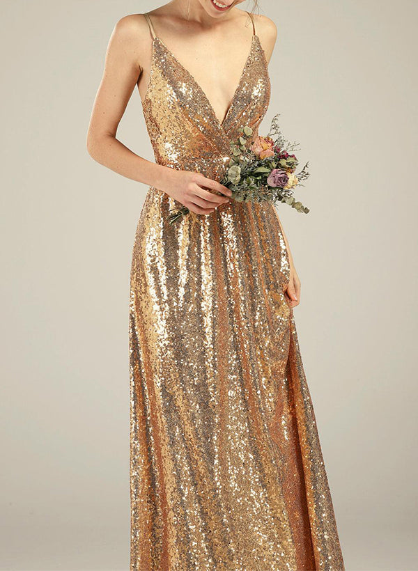 A-Line V-Neck Sleeveless Bridesmaid Dresses With Sequins