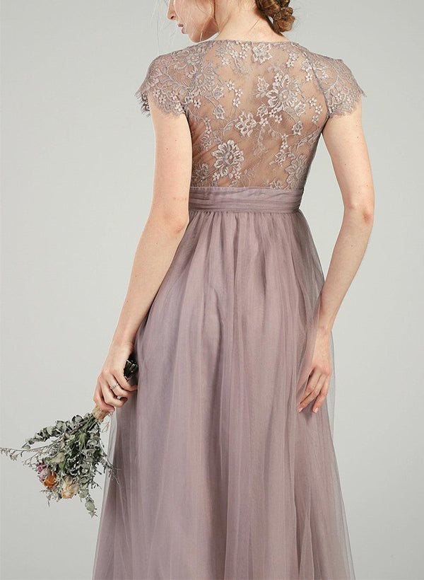 V-Neck Short Sleeves Floor-Length Tulle Bridesmaid Dresses With Lace