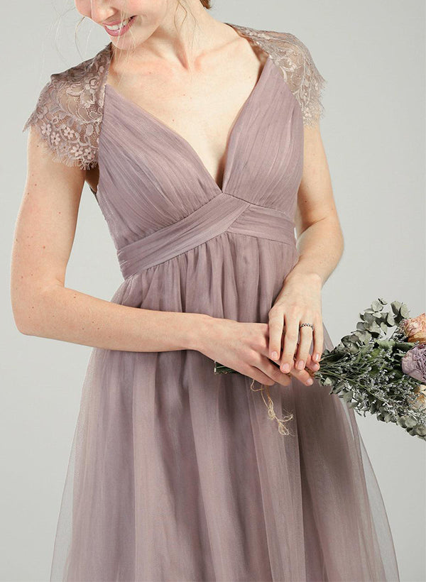 V-Neck Short Sleeves Floor-Length Tulle Bridesmaid Dresses With Lace