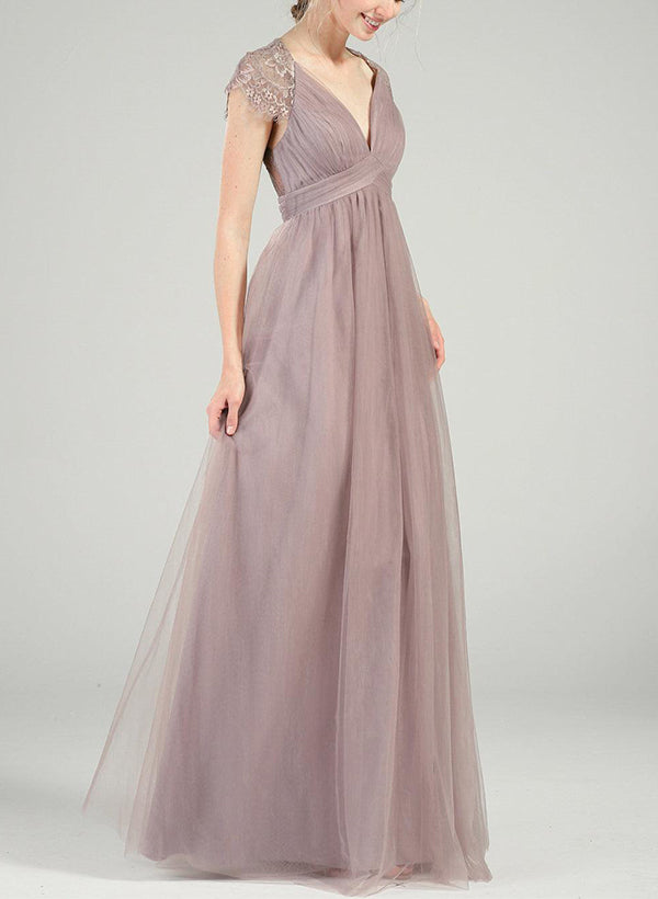 V-Neck Short Sleeves Floor-Length Tulle Bridesmaid Dresses With Lace