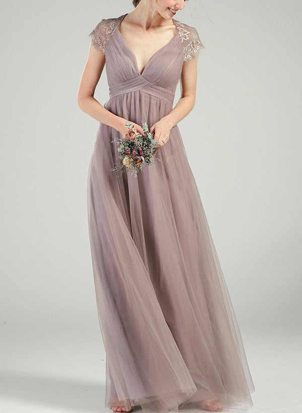 V-Neck Short Sleeves Floor-Length Tulle Bridesmaid Dresses With Lace