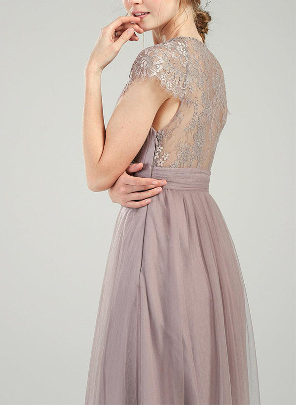 V-Neck Short Sleeves Floor-Length Tulle Bridesmaid Dresses With Lace