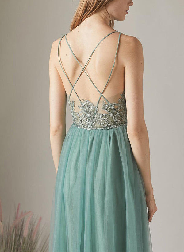 A-Line V-Neck Sleeveless Tulle Bridesmaid Dresses With Appliques Lace