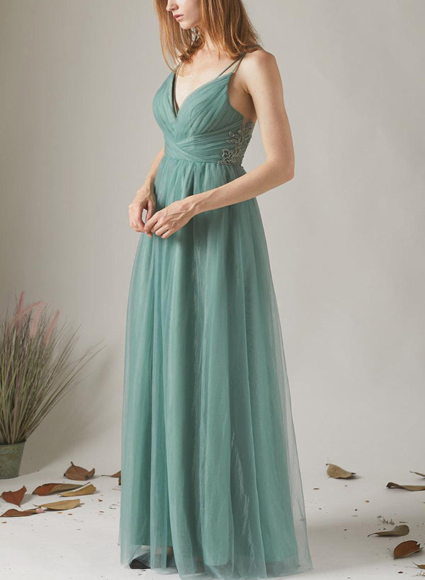 A-Line V-Neck Sleeveless Tulle Bridesmaid Dresses With Appliques Lace