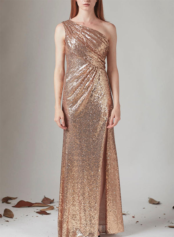 One-Shoulder Sequined Bridesmaid Dresses With Split Front