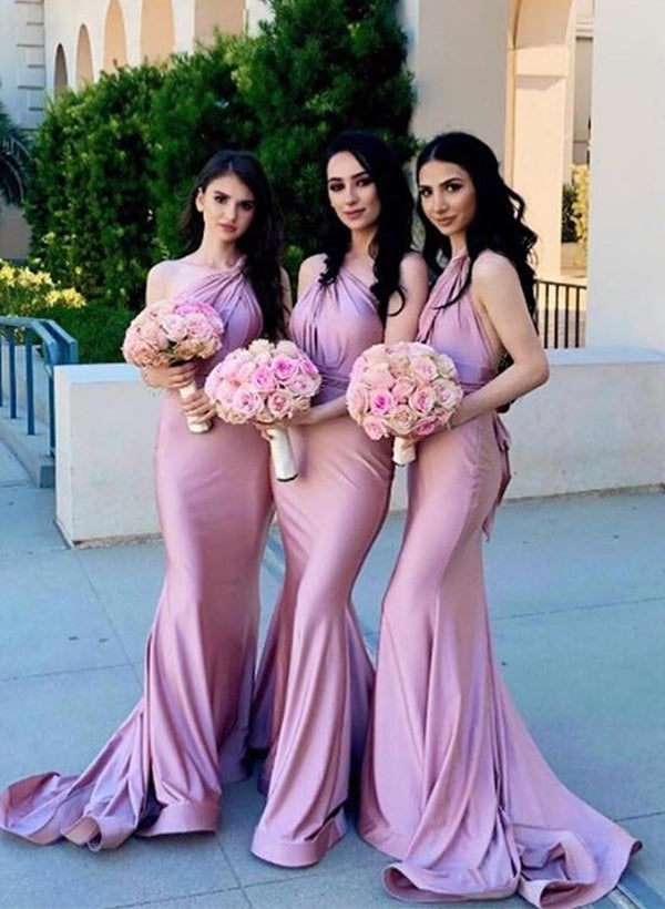 One Shoulder Sleeveless Sweep Train Bridesmaid Dresses