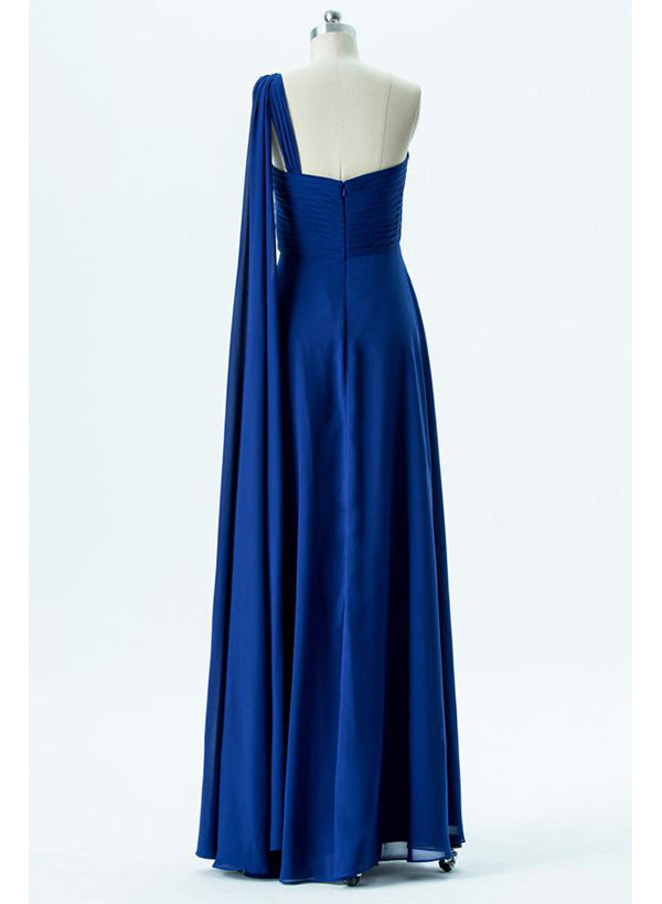 A-Line One-Shoulder Sleeveless Floor-Length Chiffon Bridesmaid Dresses