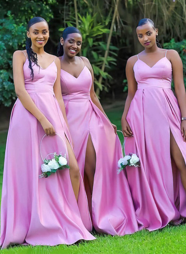 A-Line V-Neck Sleeveless Satin Bridesmaid Dresses With Split Front