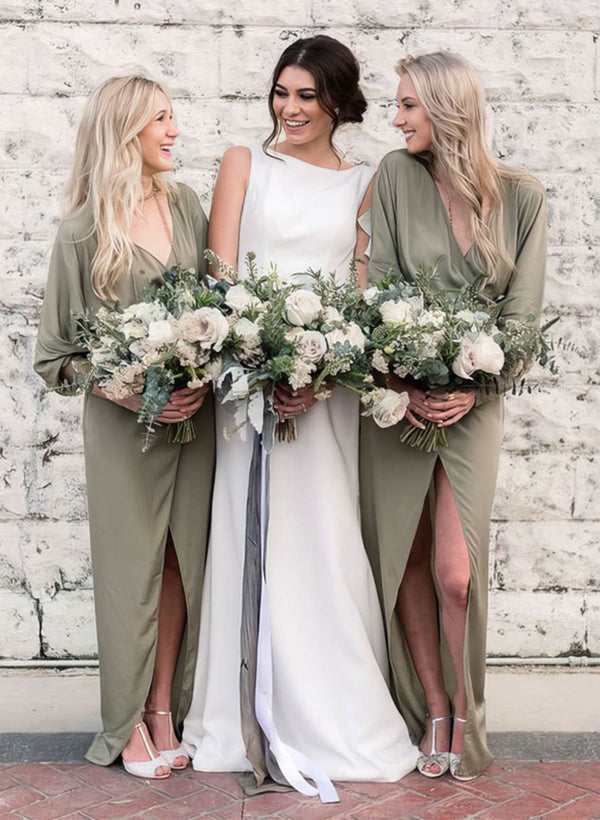 Floor-Length Jersey Bridesmaid Dresses with V-Neck and Long Sleeves