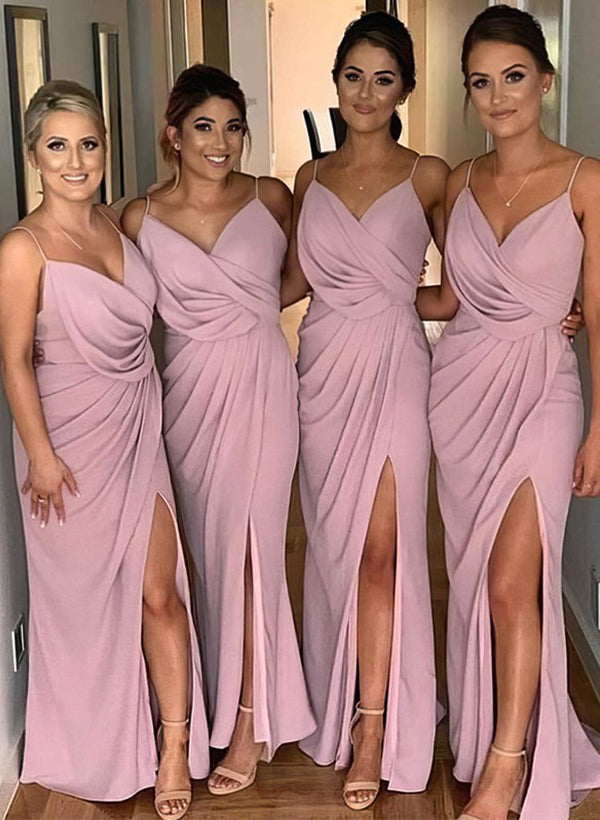 V-Neck Sleeveless Jersey Bridesmaid Dresses With Split Front