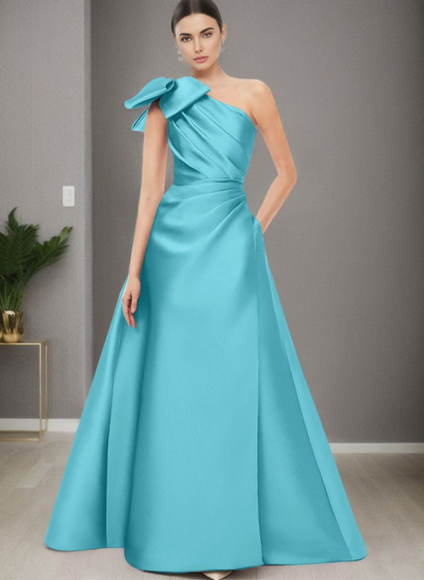 A-Line One-Shoulder Sleeveless Satin Bridesmaid Dresses With Bow(s) / Pockets