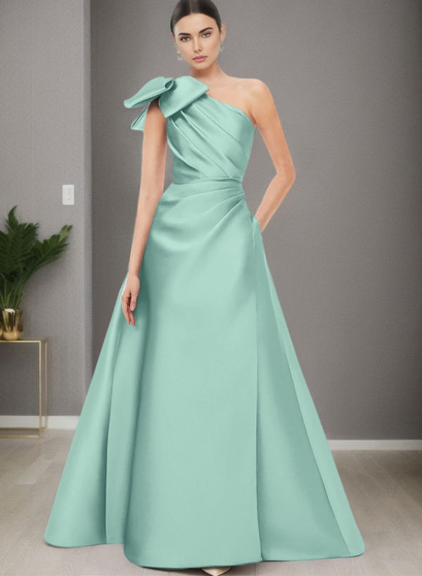 A-Line One-Shoulder Sleeveless Satin Bridesmaid Dresses With Bow(s) / Pockets