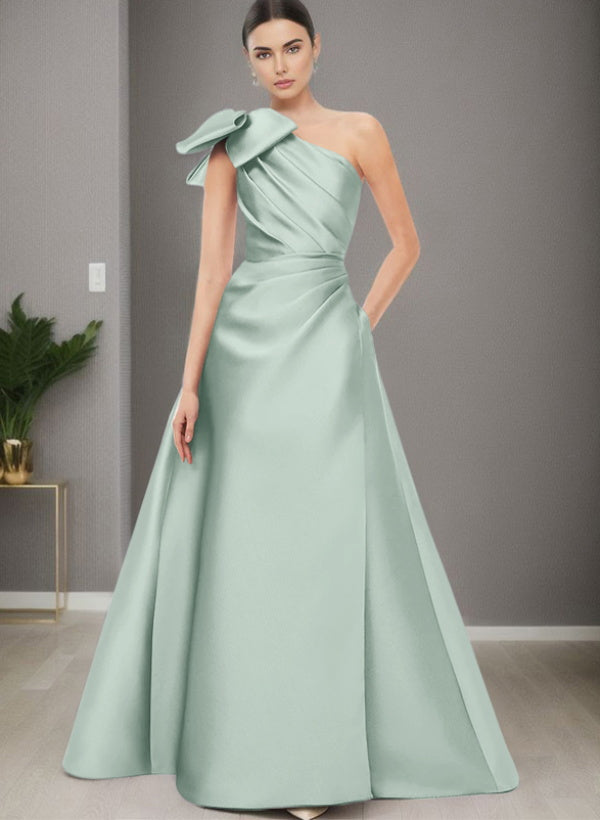 A-Line One-Shoulder Sleeveless Satin Bridesmaid Dresses With Bow(s) / Pockets