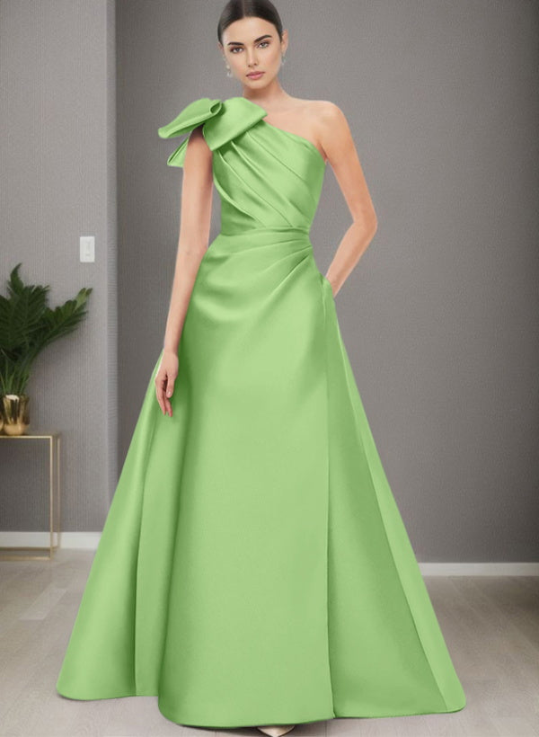 A-Line One-Shoulder Sleeveless Satin Bridesmaid Dresses With Bow(s) / Pockets