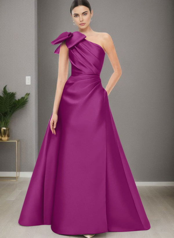 A-Line One-Shoulder Sleeveless Satin Bridesmaid Dresses With Bow(s) / Pockets