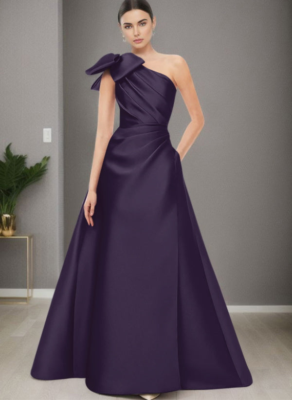 A-Line One-Shoulder Sleeveless Satin Bridesmaid Dresses With Bow(s) / Pockets