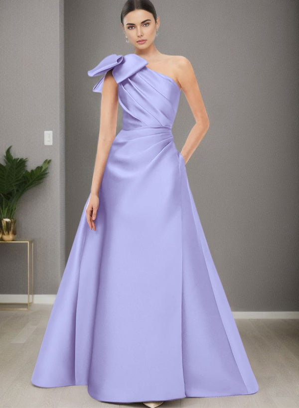 A-Line One-Shoulder Sleeveless Satin Bridesmaid Dresses With Bow(s) / Pockets