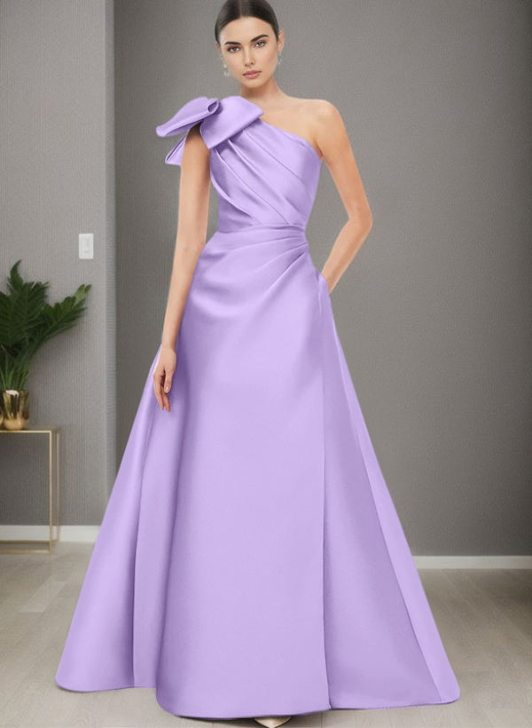 A-Line One-Shoulder Sleeveless Satin Bridesmaid Dresses With Bow(s) / Pockets