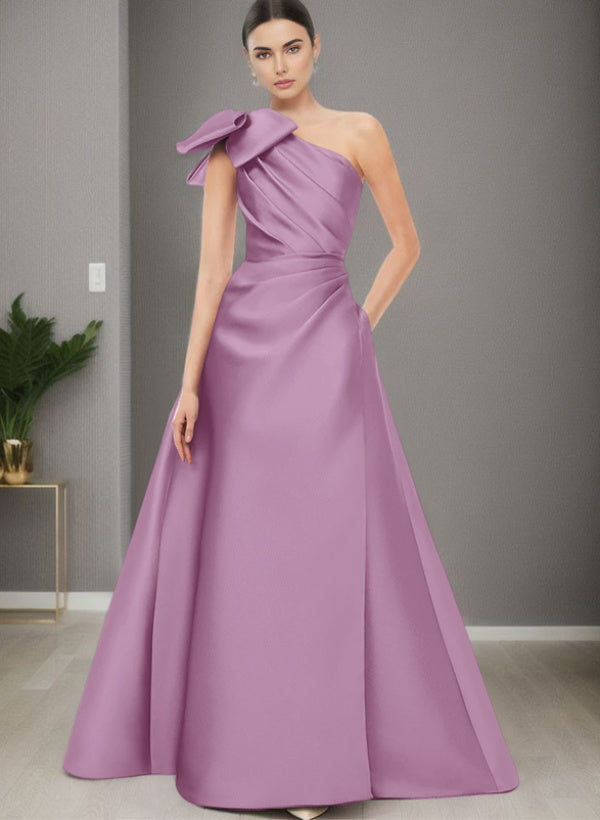 A-Line One-Shoulder Sleeveless Satin Bridesmaid Dresses With Bow(s) / Pockets