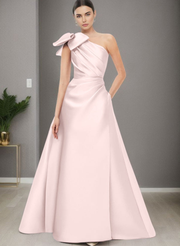 A-Line One-Shoulder Sleeveless Satin Bridesmaid Dresses With Bow(s) / Pockets