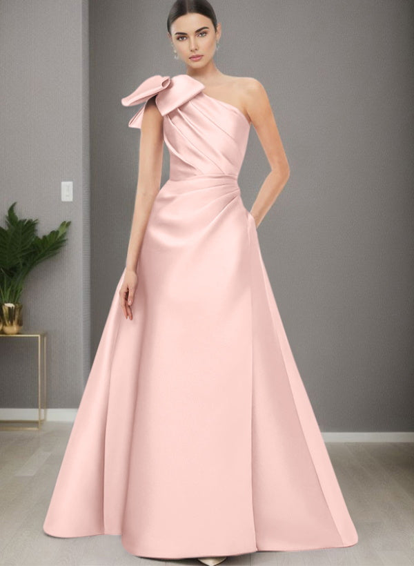 A-Line One-Shoulder Sleeveless Satin Bridesmaid Dresses With Bow(s) / Pockets