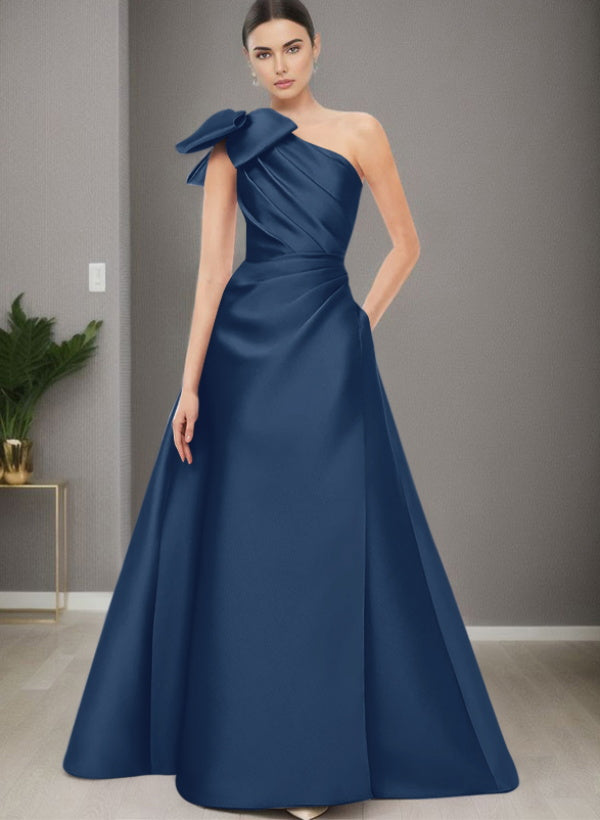 A-Line One-Shoulder Sleeveless Satin Bridesmaid Dresses With Bow(s) / Pockets