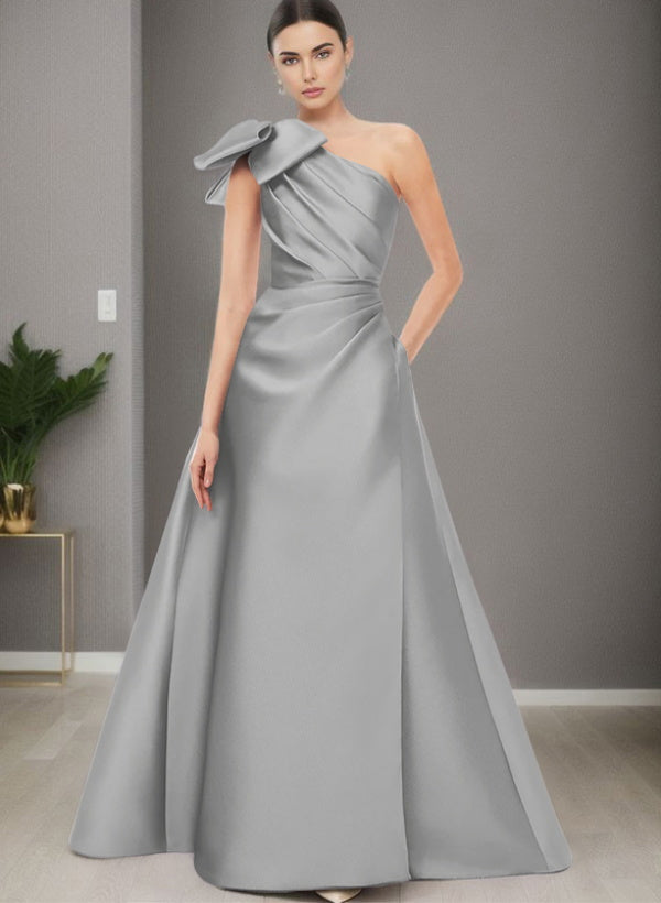 A-Line One-Shoulder Sleeveless Satin Bridesmaid Dresses With Bow(s) / Pockets