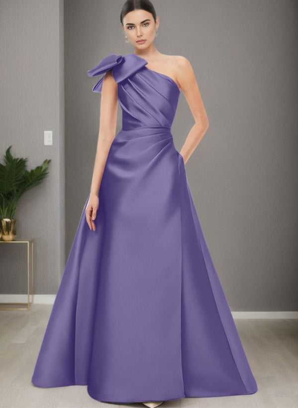 A-Line One-Shoulder Sleeveless Satin Bridesmaid Dresses With Bow(s) / Pockets