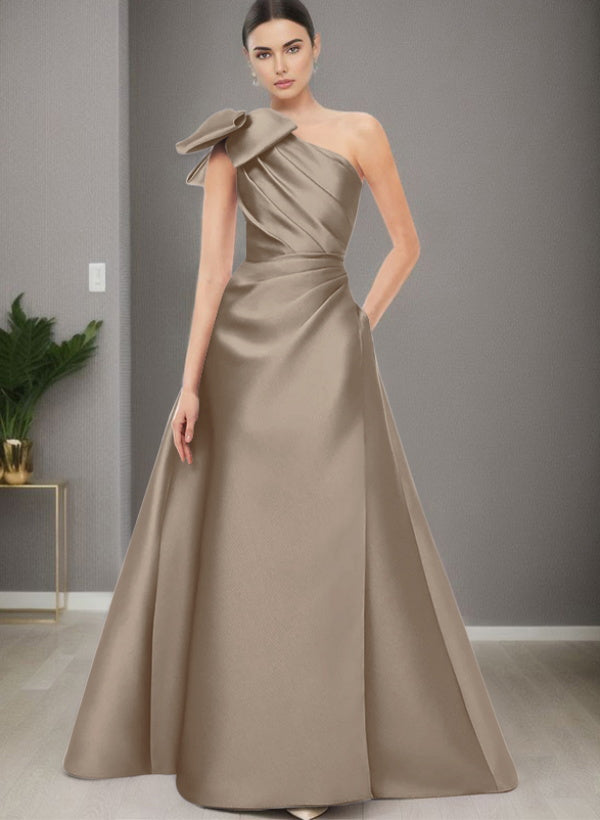 A-Line One-Shoulder Sleeveless Satin Bridesmaid Dresses With Bow(s) / Pockets