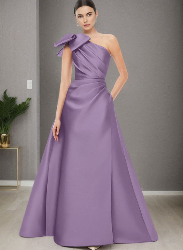 A-Line One-Shoulder Sleeveless Satin Bridesmaid Dresses With Bow(s) / Pockets