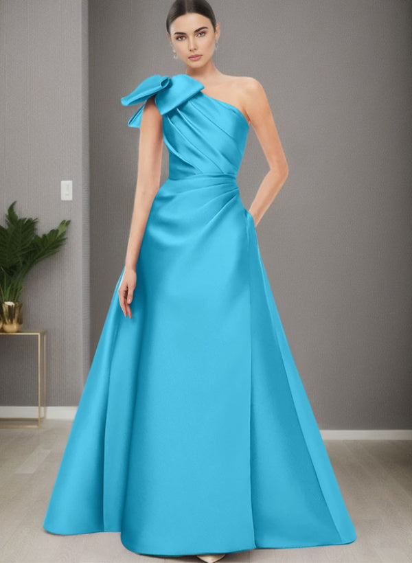 A-Line One-Shoulder Sleeveless Satin Bridesmaid Dresses With Bow(s) / Pockets