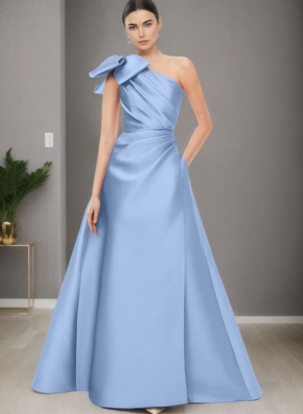 A-Line One-Shoulder Sleeveless Satin Bridesmaid Dresses With Bow(s) / Pockets