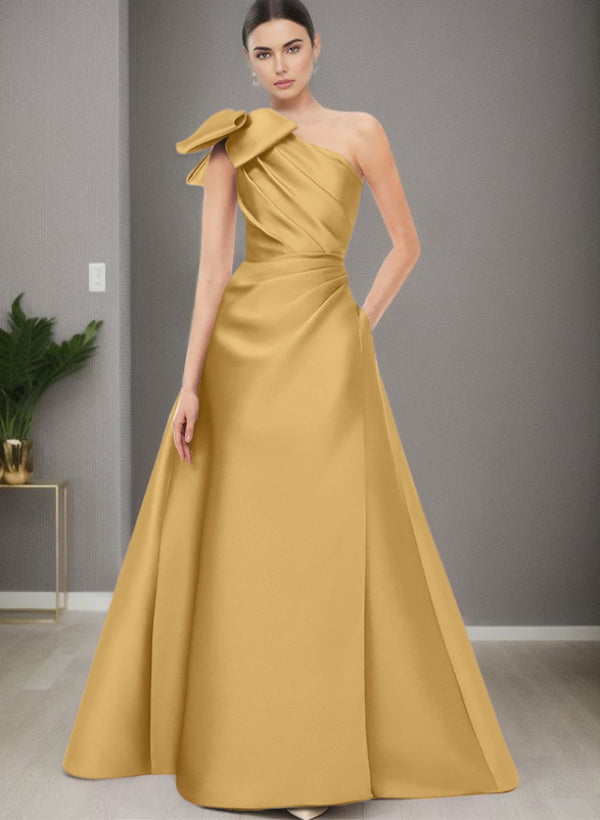 A-Line One-Shoulder Sleeveless Satin Bridesmaid Dresses With Bow(s) / Pockets