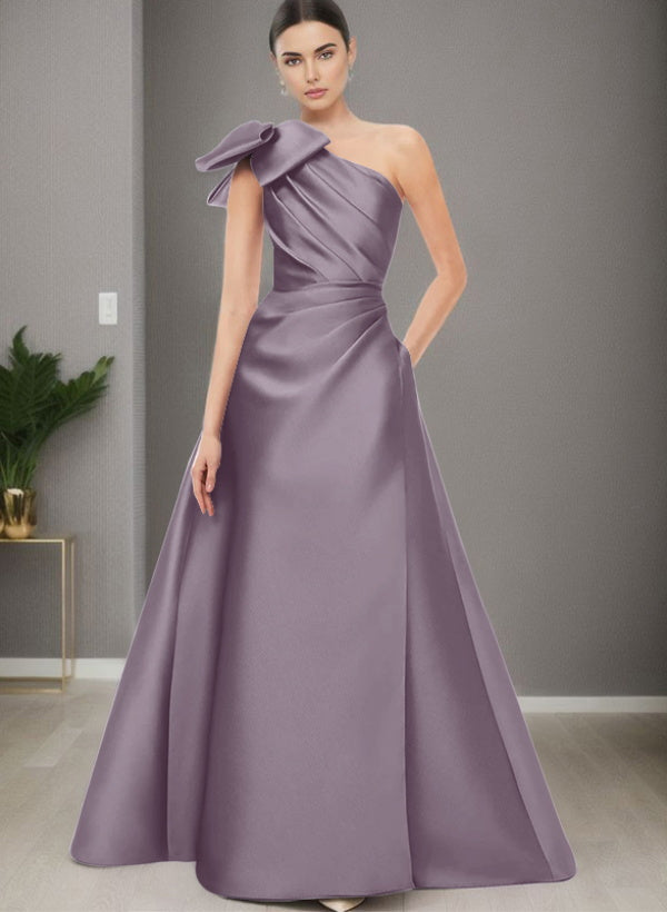 A-Line One-Shoulder Sleeveless Satin Bridesmaid Dresses With Bow(s) / Pockets